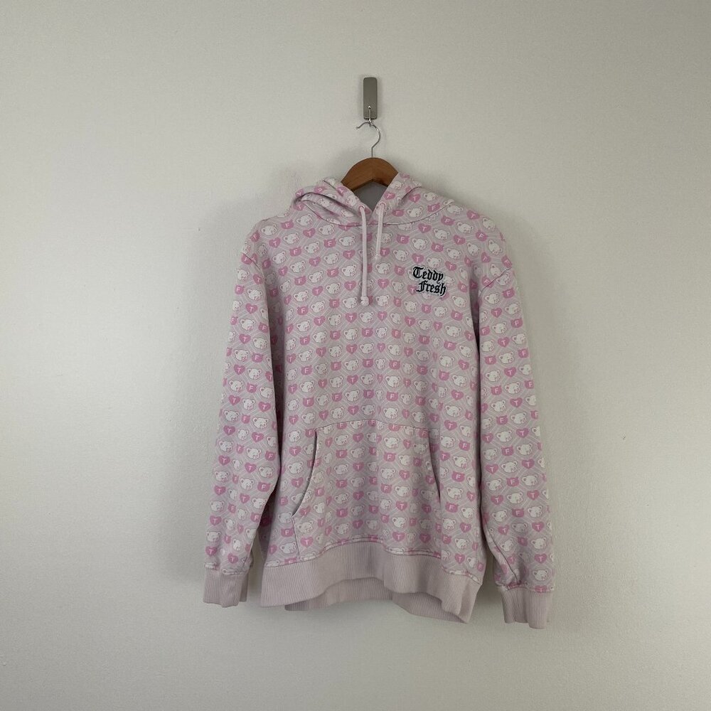 Teddy Fresh Sweatshirt Hoodie Pink All Over Bear Argyle Print Men's Size XL